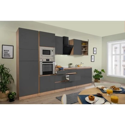 Respekta Premium Küchenzeile Grifflos 335 Cm Grau Hochglanz-Eiche Sägerau 3 Respekta Premium Küchenzeile Grifflos 335 Cm Grau Hochglanz-Eiche Sägerau