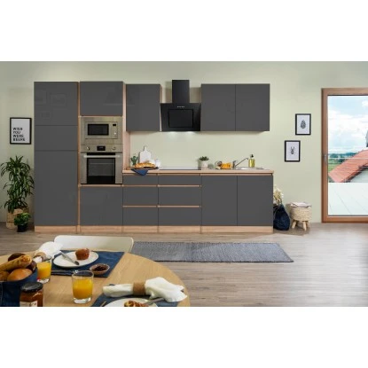 Respekta Premium Küchenzeile Grifflos 335 Cm Grau Hochglanz-Eiche Sägerau 5 Respekta Premium Küchenzeile Grifflos 335 Cm Grau Hochglanz-Eiche Sägerau – Bild 3