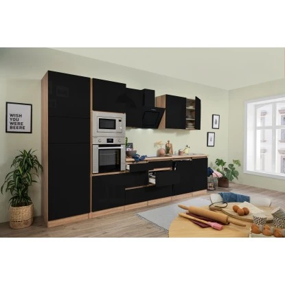 Respekta Premium Küchenzeile Grifflos 345 Cm Schwarz Hochglanz-Eiche Sägerau 3 Respekta Premium Küchenzeile Grifflos 345 Cm Schwarz Hochglanz-Eiche Sägerau