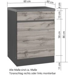 Held Möbel Küchenunterschrank Turin 60 Cm 1 Tür 1 Schublade Graphit/Wotaneiche -Kuchenwelt 189414 11016600 CU 05