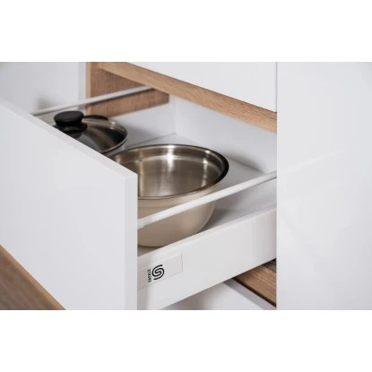 Respekta Premium Küchenzeile Grifflos 335 Cm Weiß Hochglanz-Eiche Sägerau 14 Respekta Premium Küchenzeile Grifflos 335 Cm Weiß Hochglanz-Eiche Sägerau – Bild 12