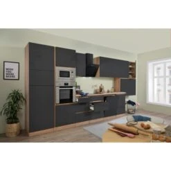 Respekta Premium Küchenzeile Grifflos 445 Cm Grau Hochglanz-Eiche Sägerau