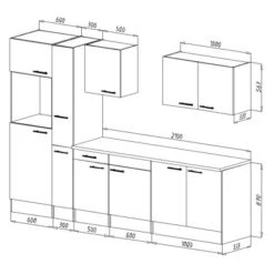 Respekta Küchenzeile KB300EYS 300 Cm Schwarz Seidengl.-Eiche York Nachbildung -Kuchenwelt 5209044 skizze kb300ey