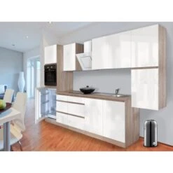 Respekta Küchenzeile GLRP320HESW Grifflos 320 Cm Weiß Hochglanz-Sonoma Eiche -Kuchenwelt Kuechenzeile GLRP320HESW 1