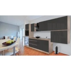 Respekta Küchenzeile GLRP370HESG Grifflos 370 Cm Grau Hochglanz-Sonoma Eiche -Kuchenwelt Kuechenzeile GLRP370HESG 2